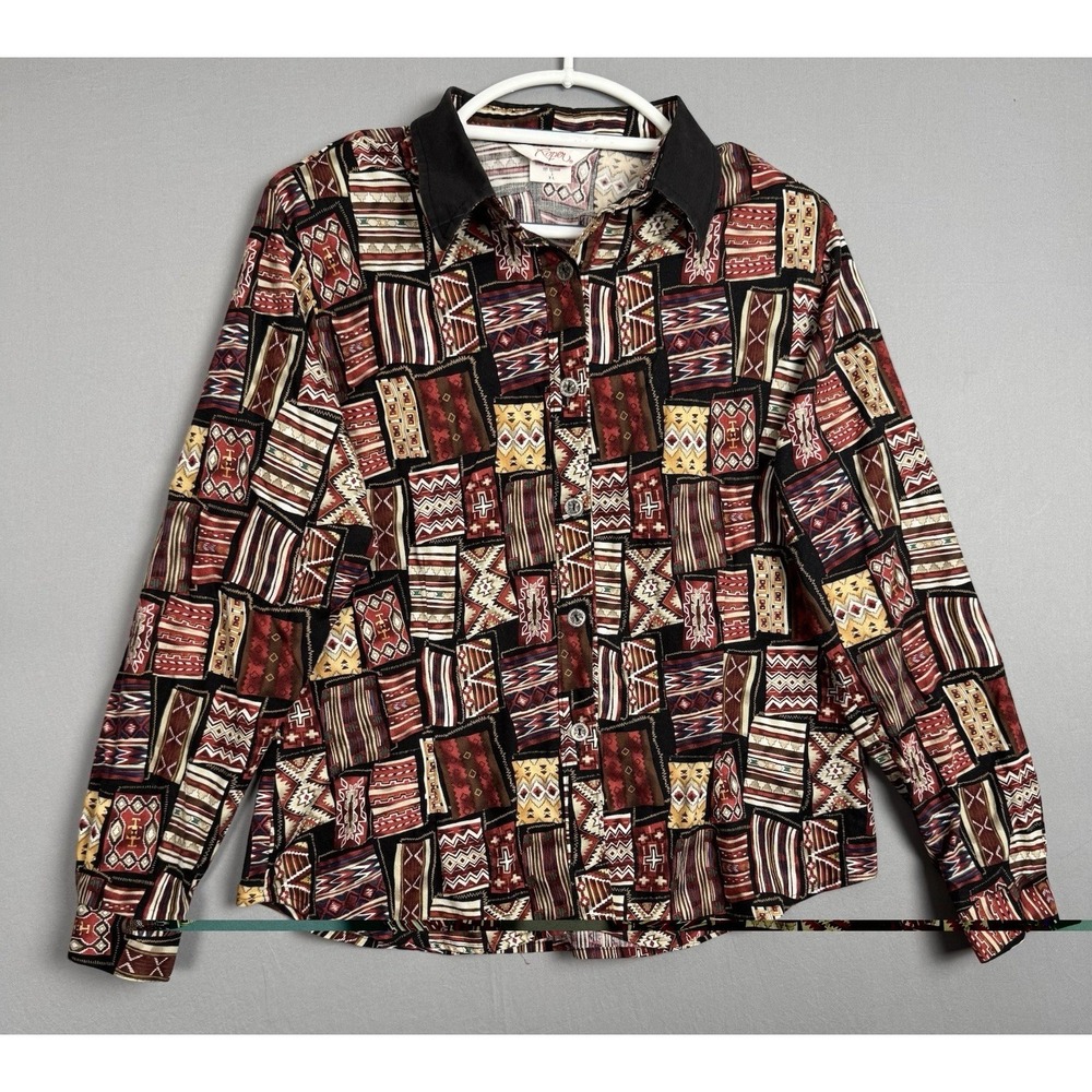 Vintage Roper Western Shirt Mens XL Red Button Long Sleeve Aztec AOP Cowboy 90s